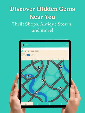 Athrigo map view showing nearby antique and thrift shops with location pins
